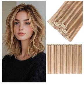 lot 63118 image: 6Pcs Clip in Human Hair Extensions, Remy Single Short Clip in Hair Extensions 6Pcs 6clips Straight Seamless Hairpieces for Women 10Inch 31g #6P613R - Retail $15