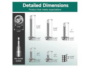 lot 63121 image: 110Pcs #8 Self Tapping Screws for Metal, 410 Stainless Steel Hex Head Sheet Metal Screws, 12 34 1 1-14 1-12 Self Drilling Screw with Drill Bit (missing pieces) - Retail $12