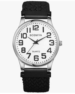 lot 63130 image: Braided Rope Elastics Watches Easy Read Big Dial Analog Quartz Stretchable Watch Adjustable Black Expansion Band Wristwatch for Valentines Day - Retail $15