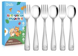 lot 63165 image: Stainless Steel Toddler Utensils Set - 6 Pieces Kids Silverware Set Children Safe Food Grade Small Forks and Spoons Dishwasher Safe Mirror Polished - Retail $12