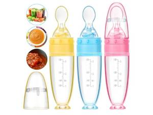 lot 63181 image: 3 Pcs Baby Food Spoon 3oz Silicone Feeder Dispenser Bottle Feeding Infant Cereal Fruit 6 Months Utensils Set Rice Holder Teething Feed Suction Weaning Newborn Supplies Travel - Retail $12