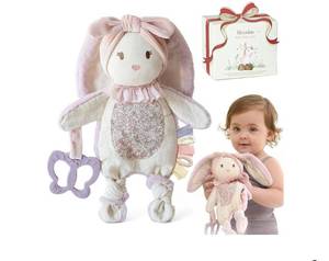 lot 63195 image: Baby Lovey with Silicone Teether, Bunny Security Blanket with Textured Ribbons, Crinkle Toys, Soft Minky Velour & Natural Cotton, Newborn Girl Gift for Baby Shower or Birthday - Retail $15
