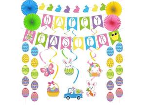 lot 63211 image: Easter Decorations Set with Banner Bunny Egg Garland Paper Fans Hanging Swirls - Retail $8