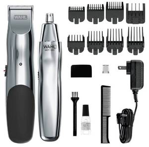 lot 63235 image: Wahl Groomsman Rechargeable Beard Trimmer kit for Mustaches, Nose Hair, and Light Detailing and Grooming with Bonus WetDry Battery Nose Trimmer �� Model 5622v (missing pieces) - Retail $25