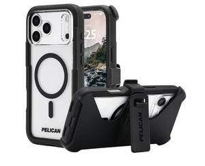lot 63242 image: Pelican Voyager iPhone 17 Pro Case Compatible with MagSafe Rugged Phone Case w 24ft Military-Grade Drop Protection - Heavy Duty Phone Cover wBelt Clip Holster for iPhone 17 Pro - BlackClear (discoloration) - Retail $25