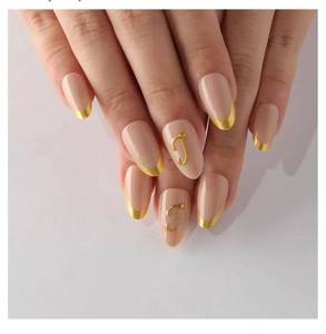 lot 63244 image: Birthday Press On Nails, 3D Letter J Gold French Tip Short Almond Fake Nails, Reusable Trendy Personalized Glossy Soft Gel Acrylic False Nails, Personalized Gift for Women Birthday Party - Retail $8