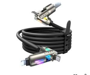 lot 63247 image: 4 in 1 Charging Cable (6.6FT) with Light, 240W Fast Charging Cable, USB AC to CLightning Multi Charging Cable for iPhone 16 15 14 13 12 Pro Max, MacBook, iPad, Samsung, Black - Retail $15