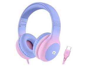 lot 63248 image: ADOOPE Wired Kids Headphones with USB C Plug, 85dB Safe Volume, Adjustable Headband, Tangle-Free Cord Headphones for School, Tablet, Travel (Light Purple & Pink, Without Microphone) - Retail $15