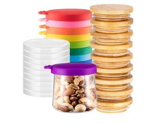 lot 63277 image: Yogurt Jar Lids Clear Plastic Silicone 7 Bamboo Wood Container Lids with 4 Silicone Sealing Rings Reusable Replacement Covers Compatible with Oui Yogurt Jars - Retail $12