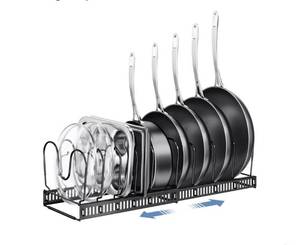 lot 63281 image: Pots and Pans Organizer under Cabinet with Pot Lid Organizer, Expandable Rack for Pan and Pot Organizers Inside Cabinet, 12-23 Adjustable with 10 Dividers for Kitchen Organization, Black - Retail $15