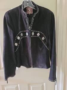 lot 1006 image: Double D Ranch Black Suede Western Jacket with Silver Studded Cross Design,  Womens Size S