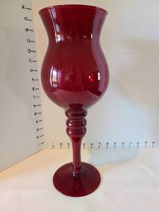 lot 1018 image: Large Red Glass Hurricane Candle Holder, 14in tall