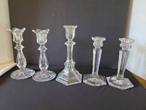 lot 1028 image: Clear Glass Candlestick Holders Set of 5