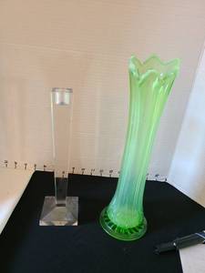 lot 1032 image: Oleg Cassini crystal candlestick holder with etched signature on base, pale green vase, 12in tall