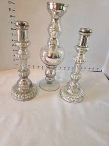 lot 1060 image: Mercury Glass Candlestick Set, tallest is 13in