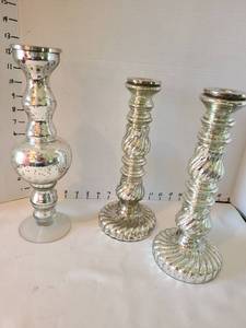 lot 1061 image: Set of Three Mercury Glass Candlesticks, tallest is 13in.