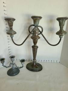 lot 1065 image: Metal Candelabra Set with Patina Finish,  taller is 17in.