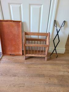 lot 1074 image: Tray, magazine rack, fireplace tongs.