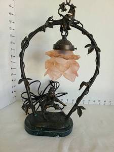 lot 1078 image: Art Nouveau Style Table Lamp with Figural Base and Floral Glass Shade,  15in tall