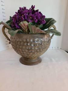 lot 1082 image: Brass Hammered Bowl Planter with Handles and Faux Arrangement