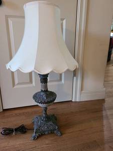 lot 1083 image: Ornate Metal Table Lamp with White Fabric Shade, 34in tall