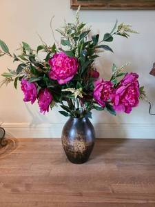 lot 1085 image: Dark Bronze Ceramic Vase with Faux Peony Arrangement, 36in tall