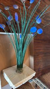 lot 1100 image: Handcrafted Glass Art Sculpture with Blue Discs on Wire Stems