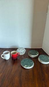 lot 1119 image: Green Marble Pattern Coaster Set with espresso Mugs and glass flower frog