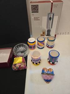 lot 1232 image: Peugeot Electric Corkscrew with Colorful Ceramic Candleholder Collection and Gorham Crystal Bowl