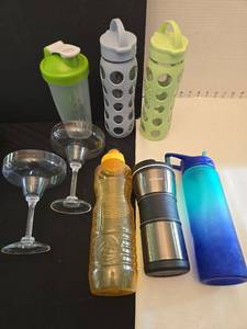lot 1238 image: Starbucks Mug, Water Bottles, and Plastic Margarita Glasses