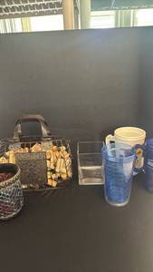 lot 1262 image: Cork Display Basket with Wire Frame and Leather Handles, vase and cups