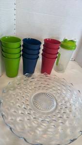 lot 1272 image: Fostoria American clear glass torte plate with shaker cup and plastic cups