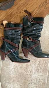 lot 1664 image: Black Leather Slouchy Boots with Brown Straps 8