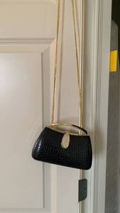 lot 1693 image: Black Crocodile Pattern Evening Bag with Gold Chain and Crystal Details