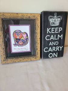 lot 1702 image: Jamie Hayes Sun and Moon Kitty Framed Print,  13x10.5 with Keep Calm and Carry On Wall Sign