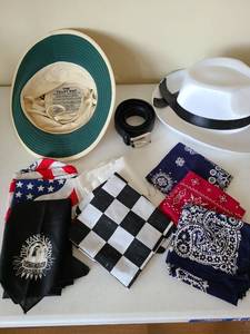 lot 1742 image: Mens Tilley Hat, white Fedora style costume hat, belt, bandannas