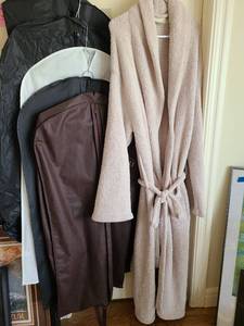 lot 1744 image: Mens long bathrobe and garment bags.