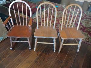 lot 2001 image: 3 Wooden Childrens Chairs.  One is a rocker