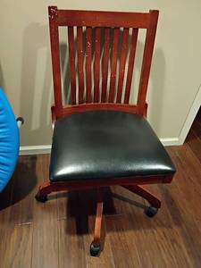 lot 2021 image: Wooden Office Chair with Leather Seat.   Seat. 19 x 20