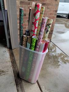 lot 3016 image: Assorted Gift Wrapping Paper Roll Collection with Storage Container