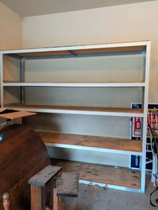 lot 3036 image: Industrial Metal Frame Shelving Unit with Wood Shelves