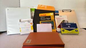 lot 3168 image: Mixed Office Supply Bundle Photo Paper Envelopes Binder Clipboard