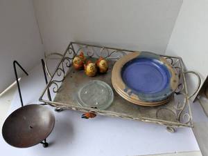 lot 3312 image: Handcrafted Ceramic Serving Bowl Set with Metal Tray and Bird Figurines