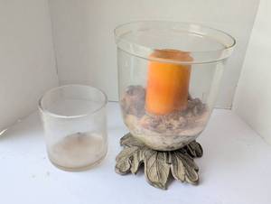 lot 3316 image: Glass Hurricane Candle Holder with Decorative Metal Leaf Base