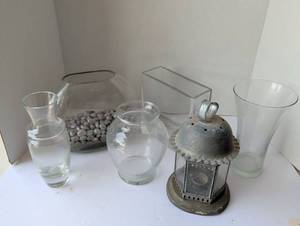 lot 3318 image: Mixed Glass Vases and Metal Lantern Collection