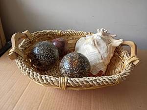 lot 3323 image: Basket with Large Seashell and Decorative Balls