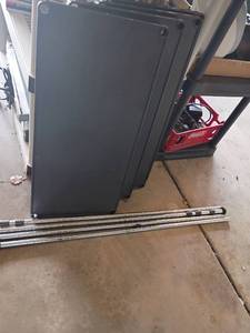 lot 3446 image: Plastic and Metal Shelves.  Need put together.   Shelf is 14 x 30 and poles are 4ft.