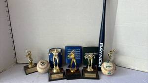 lot 3513 image: Trophies, baseballs, coozies and a miniature bat