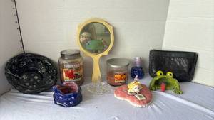 lot 3526 image: Miscellaneous homemade pottery, candles, vintage celluloid mirror and more