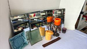 lot 3528 image: Three square mirrors, candle and holder, incense holder and more